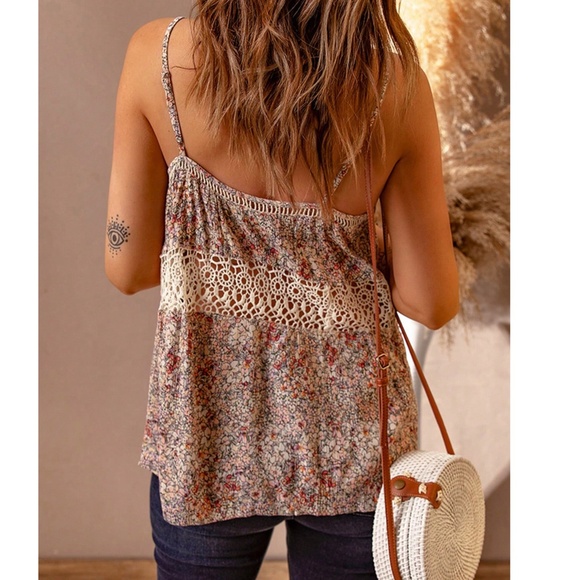 Boho Floral Print lace V neck Cami Straps Tank Top - Picture 3 of 6